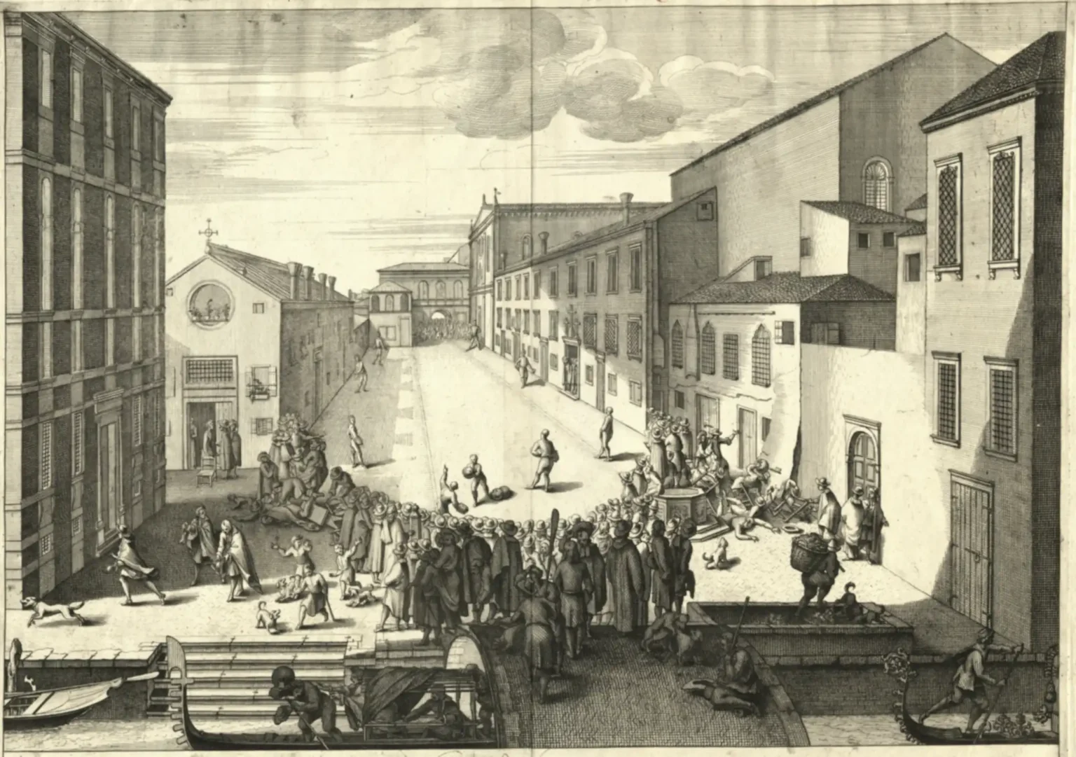 An engraving on yellowed paper. It shows a square extending away with various buildings on either side. In the foreground is a canal with some boats, and a bridge across with some people. Across the bridge is a crowd of people, forming a half-circle, open towards the centre of the square, which is mostly empty. It is only occupied by a few players of a ball game.