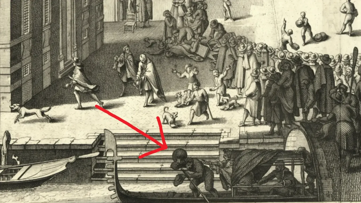 This too is a detail of the first engraving, showing the lower left, with the half-circle of people, and an open area behind the crowd. At the top, more people and chairs have fallen to the ground. A group of three well-dressed men are leaving the square, led by a running dog. Close to the canals, a small group of children are playing, but one is running towards the canal. In a passing gondola, the front rower is keeling over, as a rogue ball from the game hits him on the head, and knocks off his hat. A woman from the cabin of the gondola is stretching out her arm to help him.