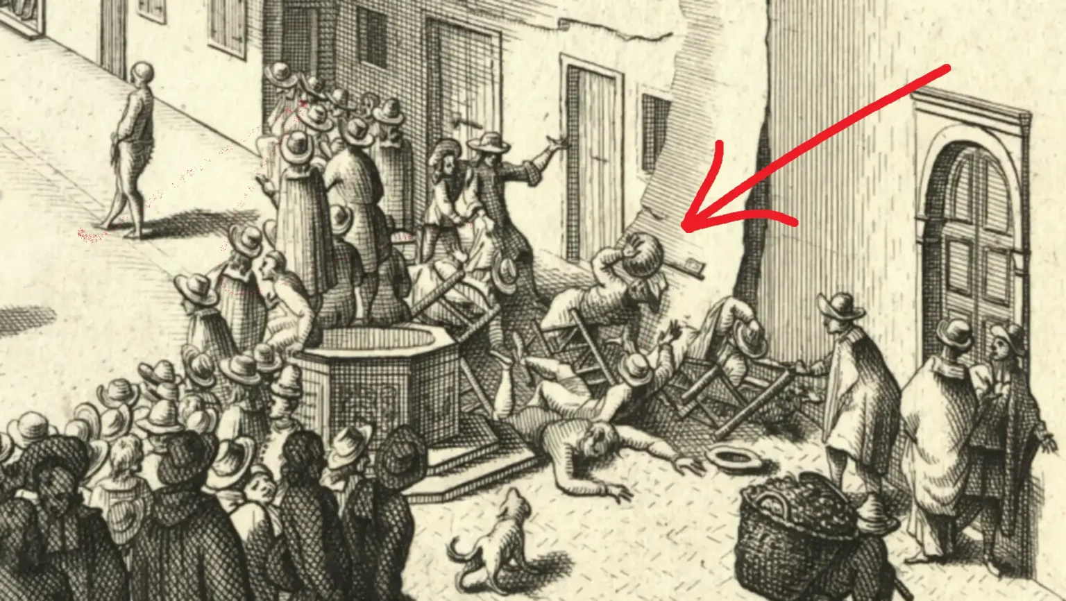 This is a detail of the first engraving, around the right side of the half-circle of spectators. Here they are standing and sitting on chairs close to a well-head. Some of the persons and chairs in the back are scattered on the ground, as a man is falling over, hit in the head by a rogue ball from the game. A red arrow points at the ball.