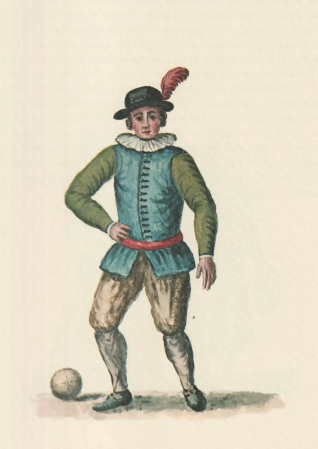The player is dressed in a waistcoat, has a hand on his hip, and a hat with a red feather. There is a ball lying at his feet.