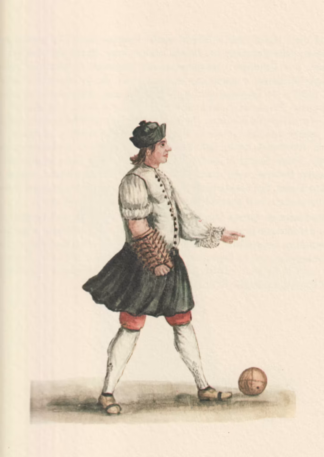 Watercolour of a player of pallone. He is dressed in a white shirt, red breeches with a short skirt over, and white stockings. On his right arm is the wooden arm guard for the game, and at this feet a ball.