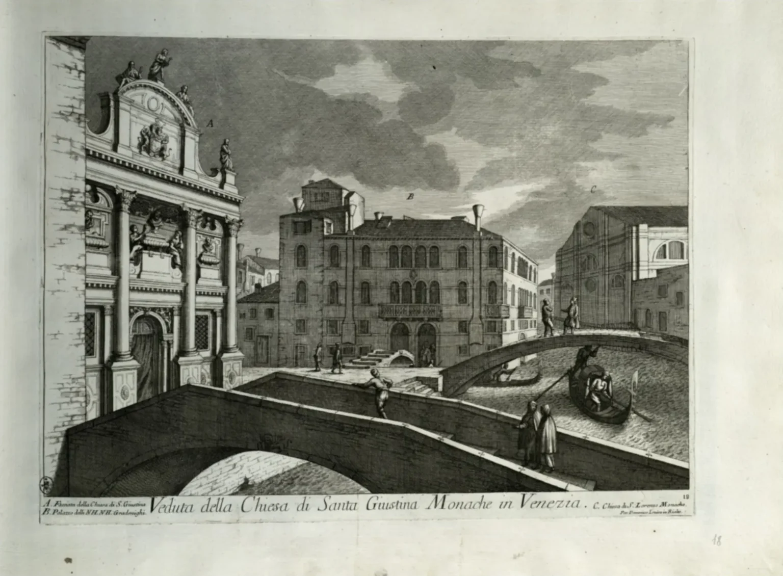 In the foreground an almost empty square with a well-head in the middle. There are only two persons walking across the otherwise deserted space. Behind the square, connected by a bridge, stands a grimey off-white Venetian palace of four or five storeys, noticeably taller than the surrounding houses. All the windows have closed shutters. To the left, a smaller three storey yellow house, and to the right, a well-kept white building of three storeys, also with a bridge in front.