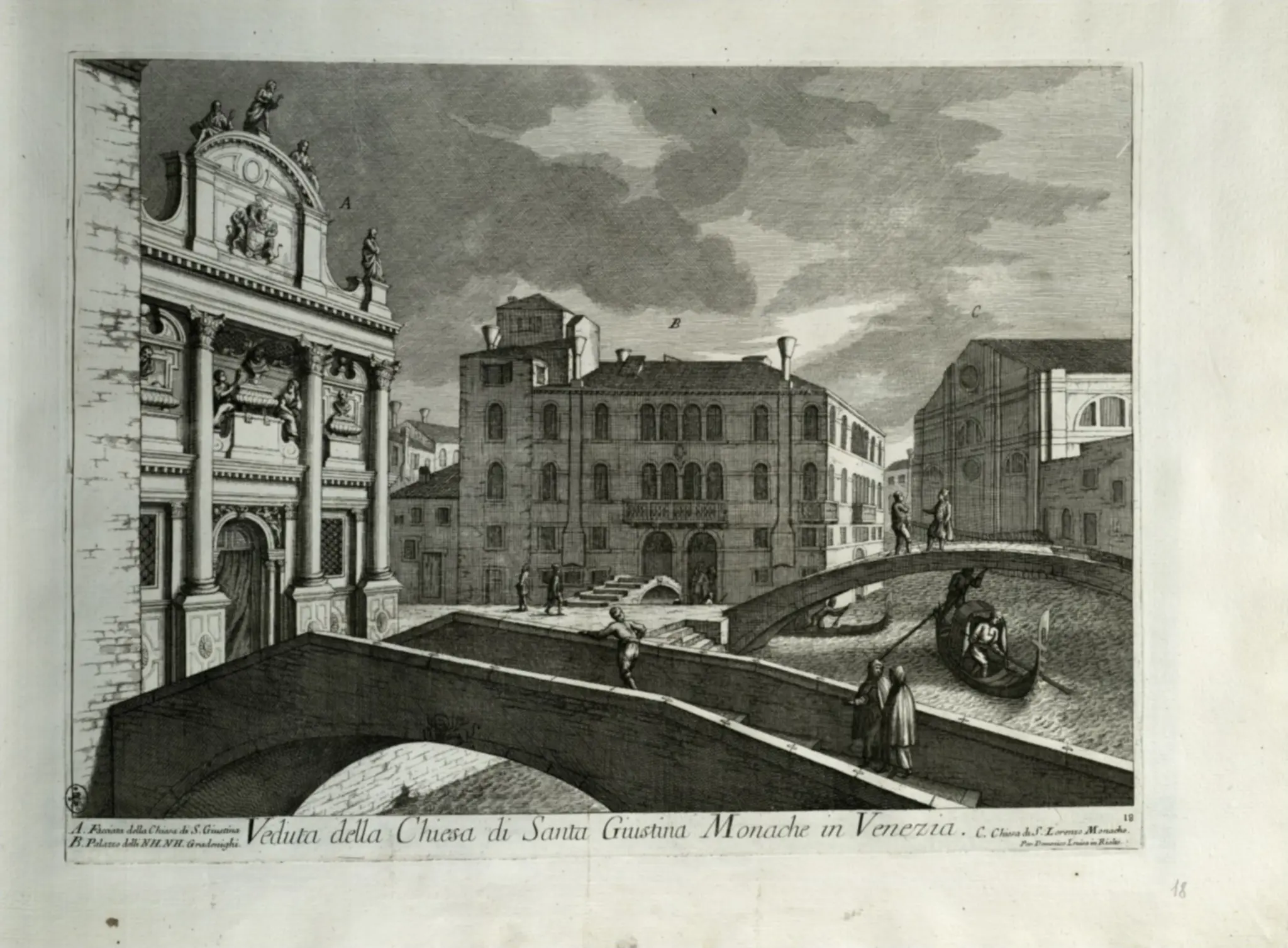 In the foreground an almost empty square with a well-head in the middle. There are only two persons walking across the otherwise deserted space. Behind the square, connected by a bridge, stands a grimey off-white Venetian palace of four or five storeys, noticeably taller than the surrounding houses. All the windows have closed shutters. To the left, a smaller three storey yellow house, and to the right, a well-kept white building of three storeys, also with a bridge in front.