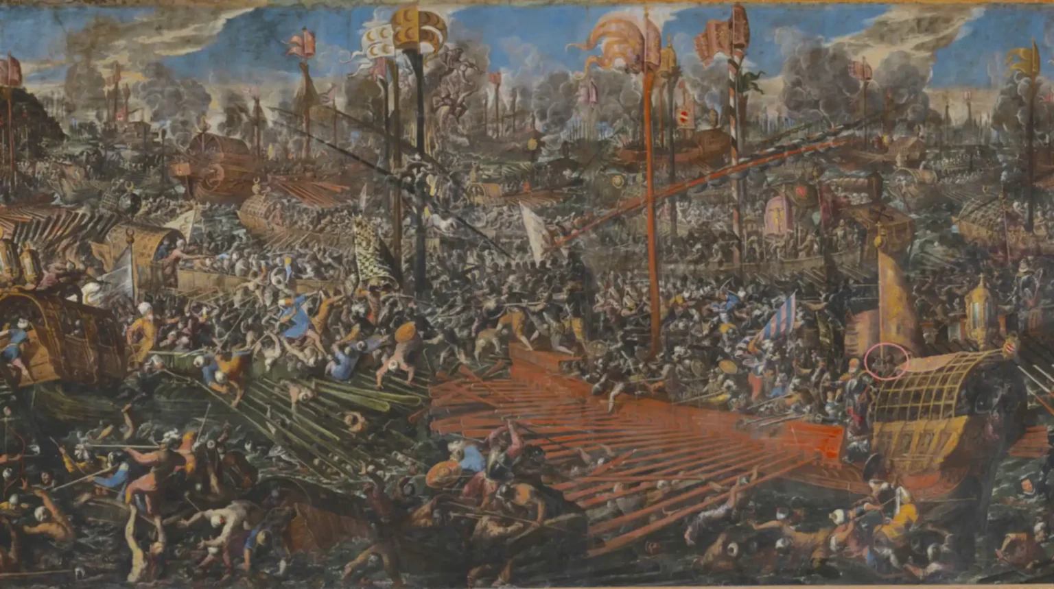 Painting depicting the immense chaos of the battle, with a large Venetian galley at the centre