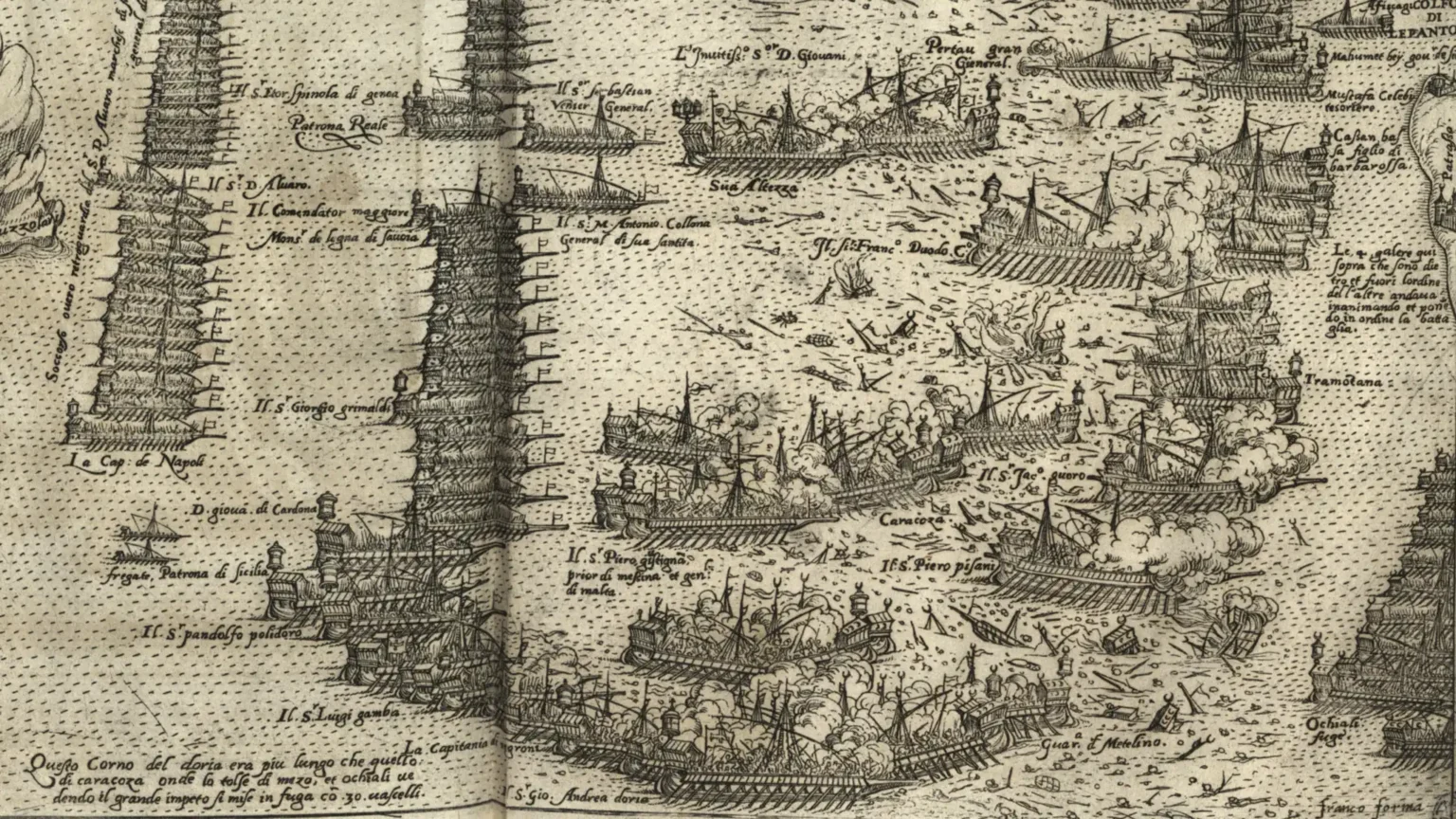 Print from 1610 on yellowed paper, showing parts of the battle line up and the initial skirmishes between the war galleys.