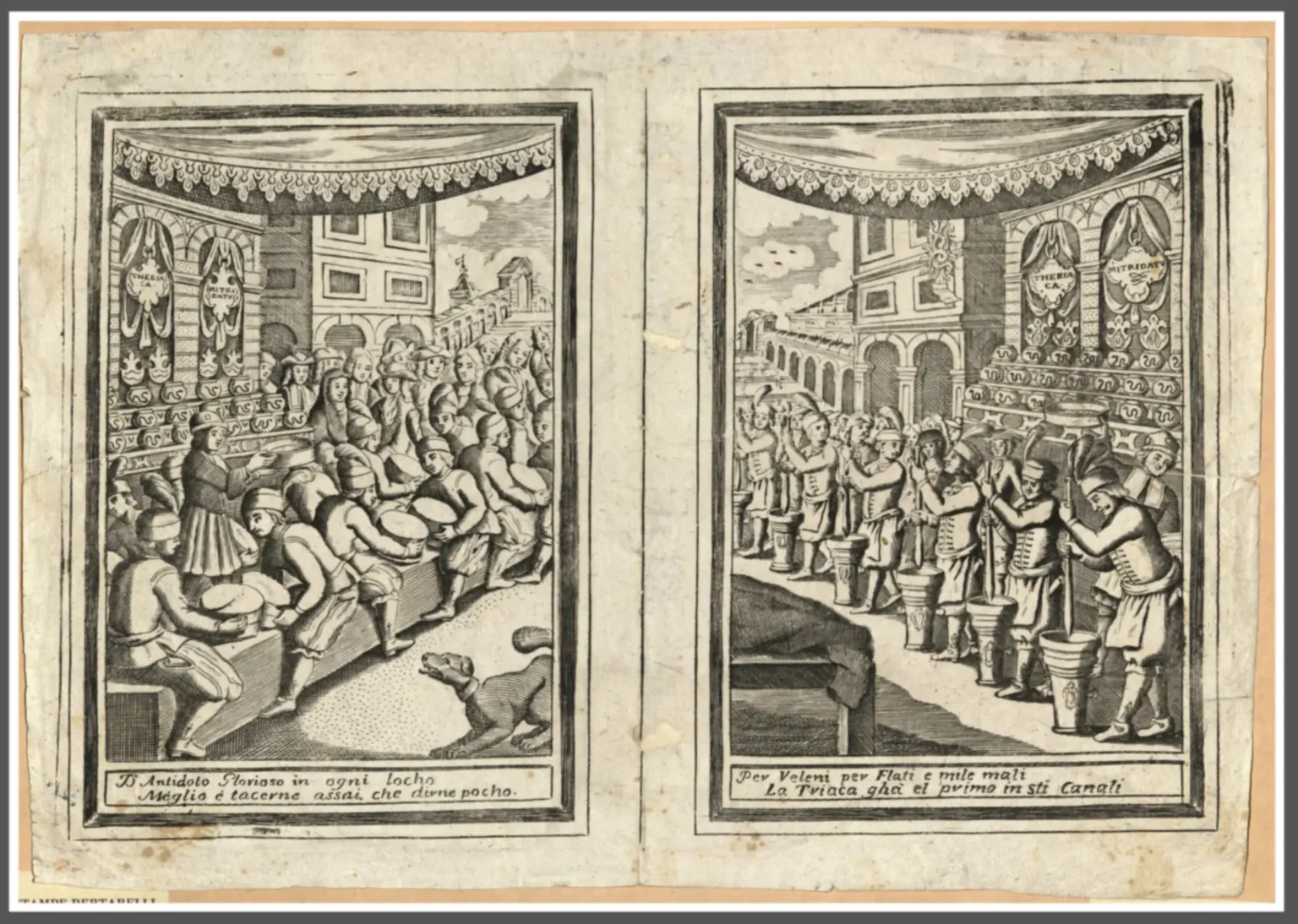 Workers pounding and sifting the ingredients for theriac in large mortars