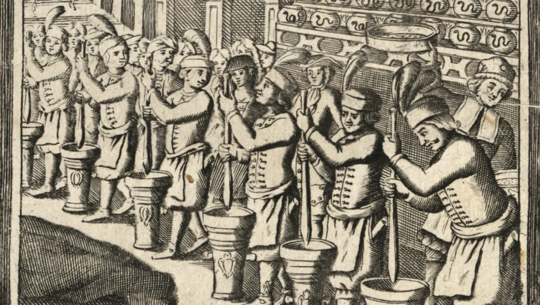 Workers pounding the ingredients for theriac in large mortars