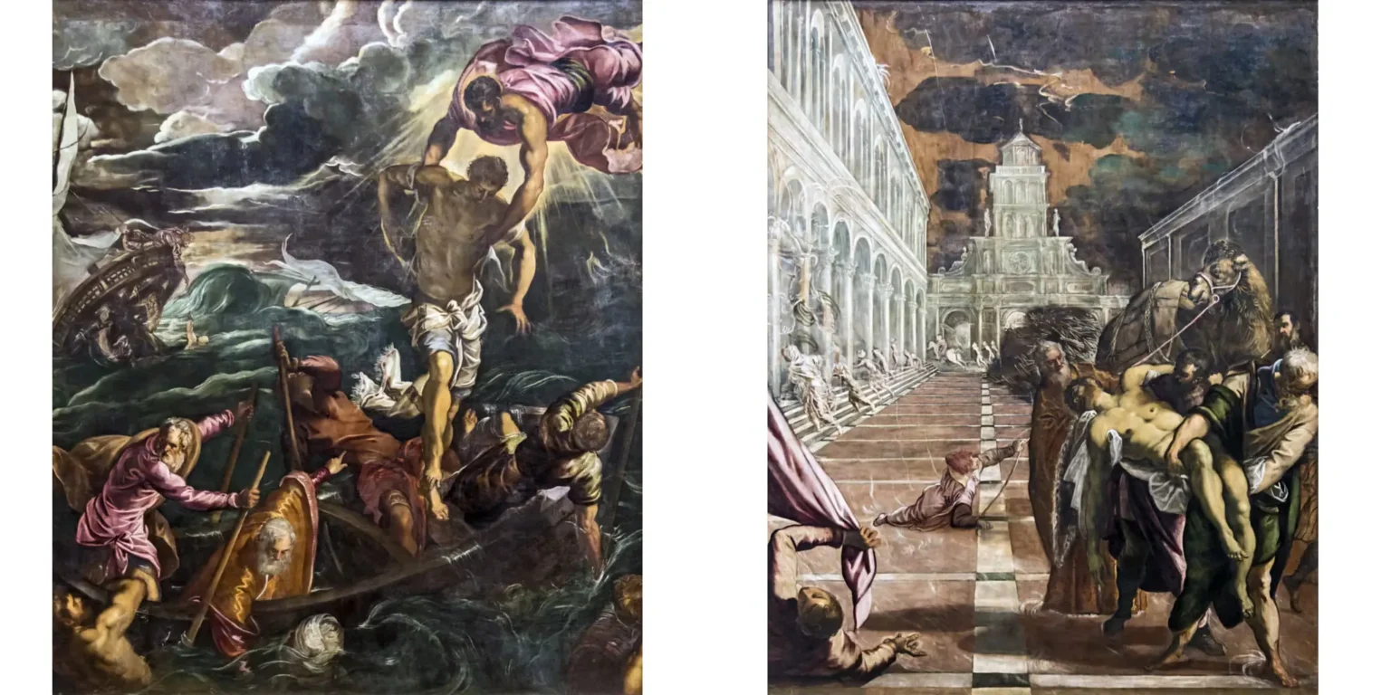 A montage of two painting by Tintoretto. To the St Mark saves a muslim sailor, literally picking him out of the boat from the sky, while Ravenna is seen helping a man drowning. To the right, the translation of the body of St Mark, with Ravenna given a helping hand.