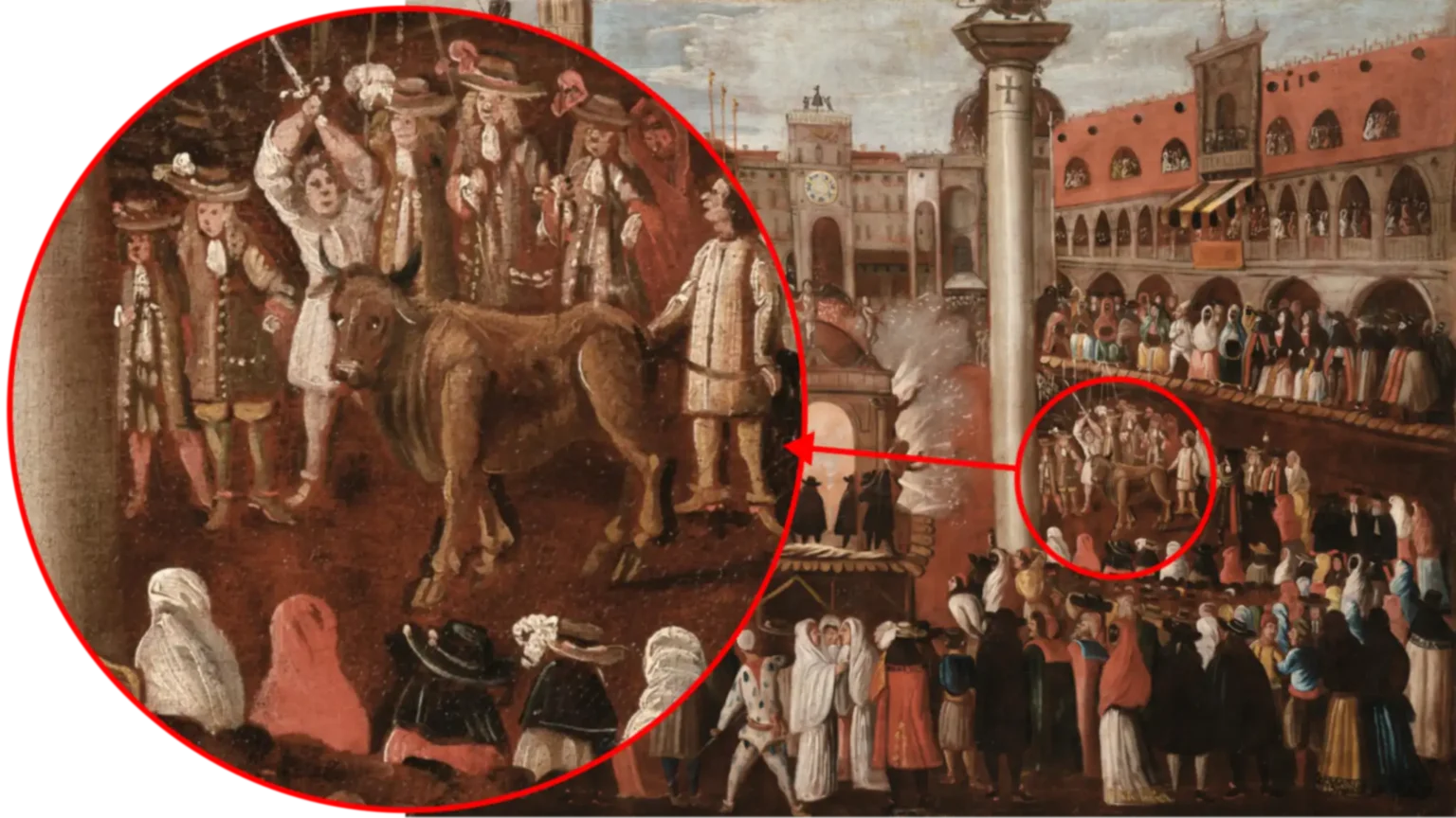 Painting with the celebration of Fat Thursday. It is a very crowded image. In the foreground, the two columns, with a structure in-between with fireworks. Lots of people, and centre-right, in the crowd, the traditional beheading of a bull by sword, which is also enlarged in a circle.