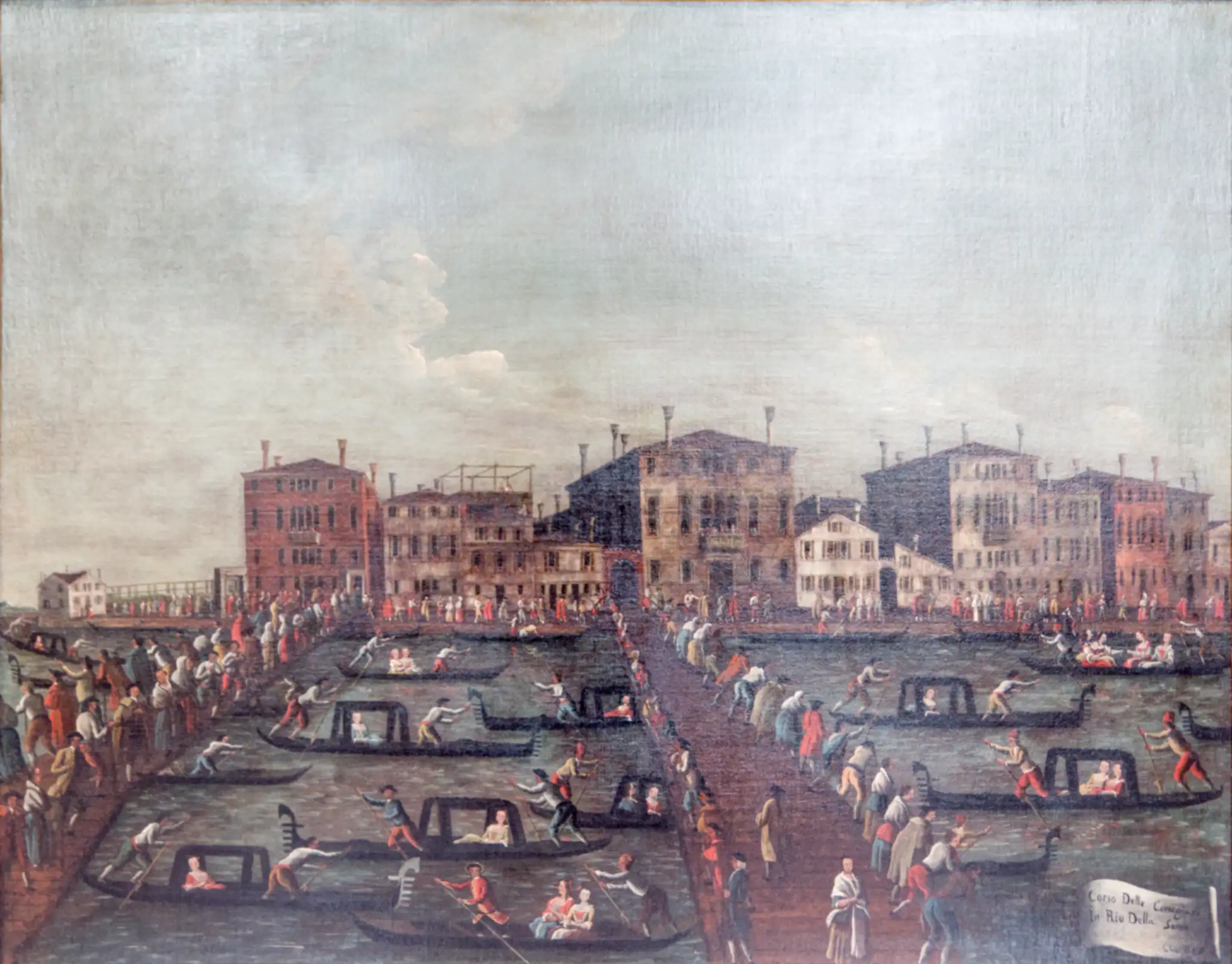 Oil painting for a boat race. In the foreground, a wide canal, crossed by two bridges, lines with spectators. On the other side of the canal, a line of multi-story houses. On the canal, numerous gondolas, each rowed by two men, with a central cabin, where one or two women sit.