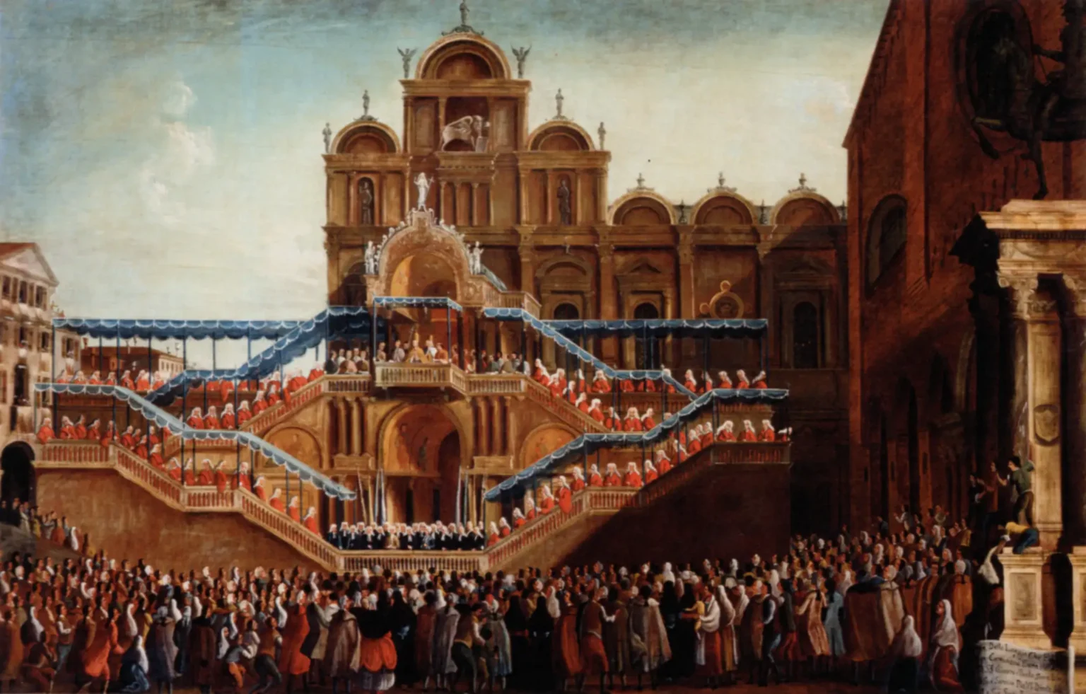 Oil painting of the elaborate structure erected in Campo Giovanni e Paolo for the visit of Pope Pius VI. The structure is shaped like a two-sided monumental stairway, leading up to a central platform from both sides. The Pope standds on the platform, and the many steps leading up a lined with church prelates. A throng of people fill the square in front of the structure.