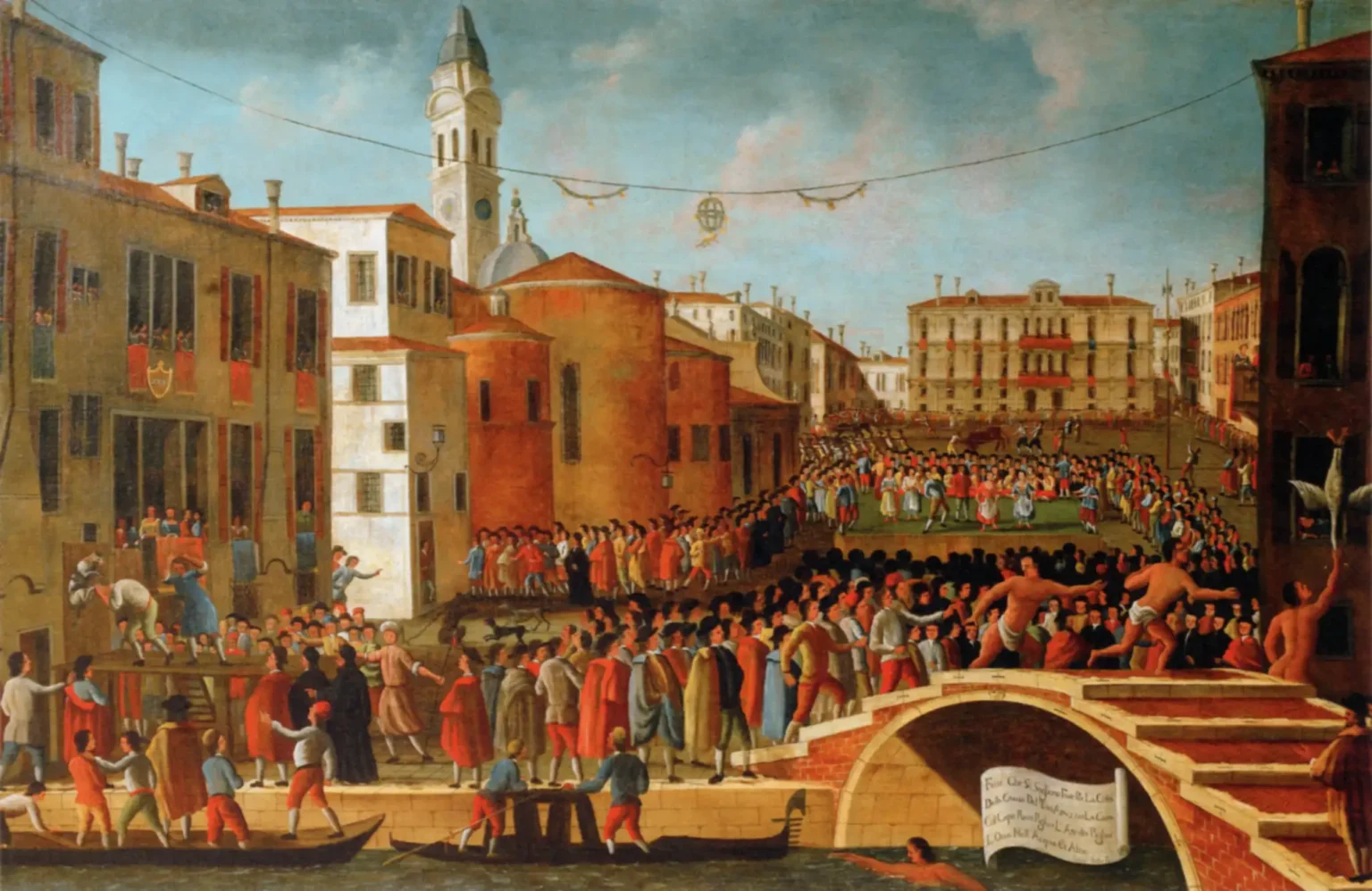 An oil painting of a feast in a city square. In the front, a canal, crossed by a bridge, with several gondolas. The square is full of people doing many activities. The buildings around the square are recognisable as the buildings around the Campo Santa Maria Formosa, as seen from the Querini palace.