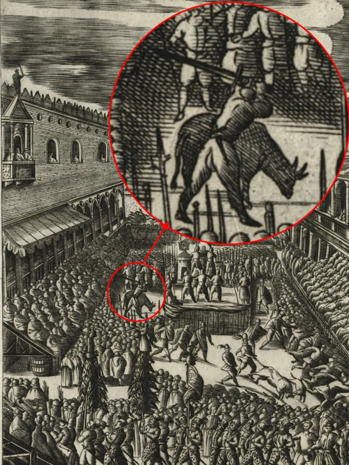 The same print as above, but with the scene of the beheading of the bull enlarged within a circle.