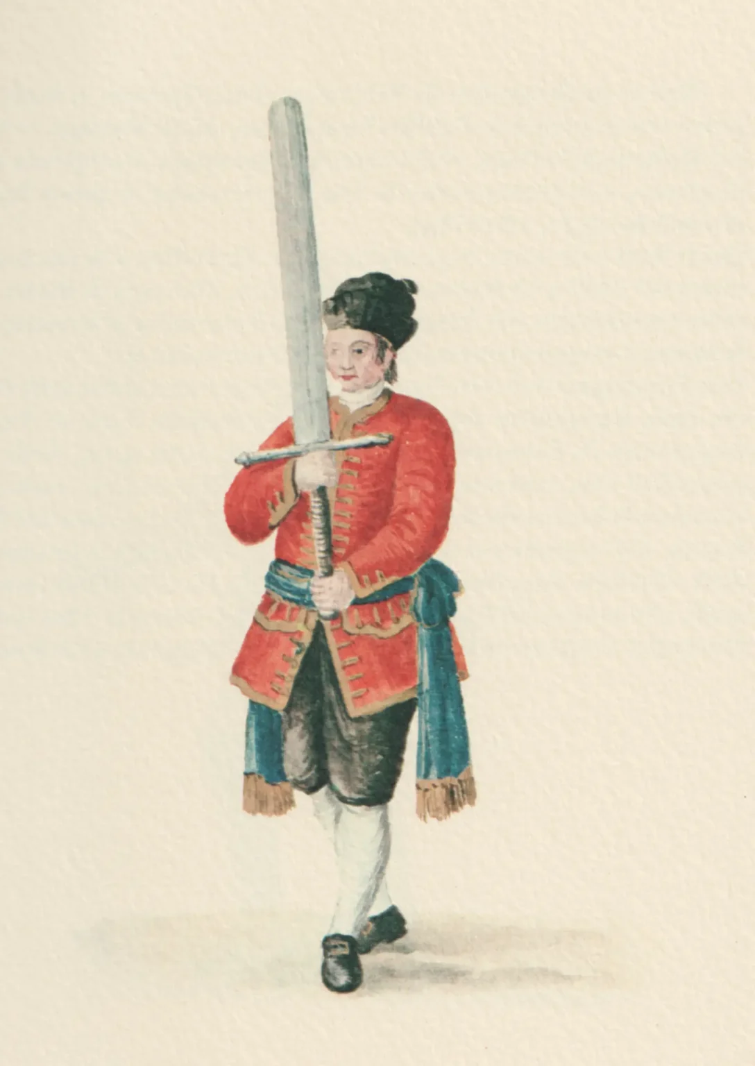 A watercolour of a man carrying a two-handed sward up-right, as in procession. He's wearing a red jacket with a green scarf around his waist, a black cap, black breeches and white socks.