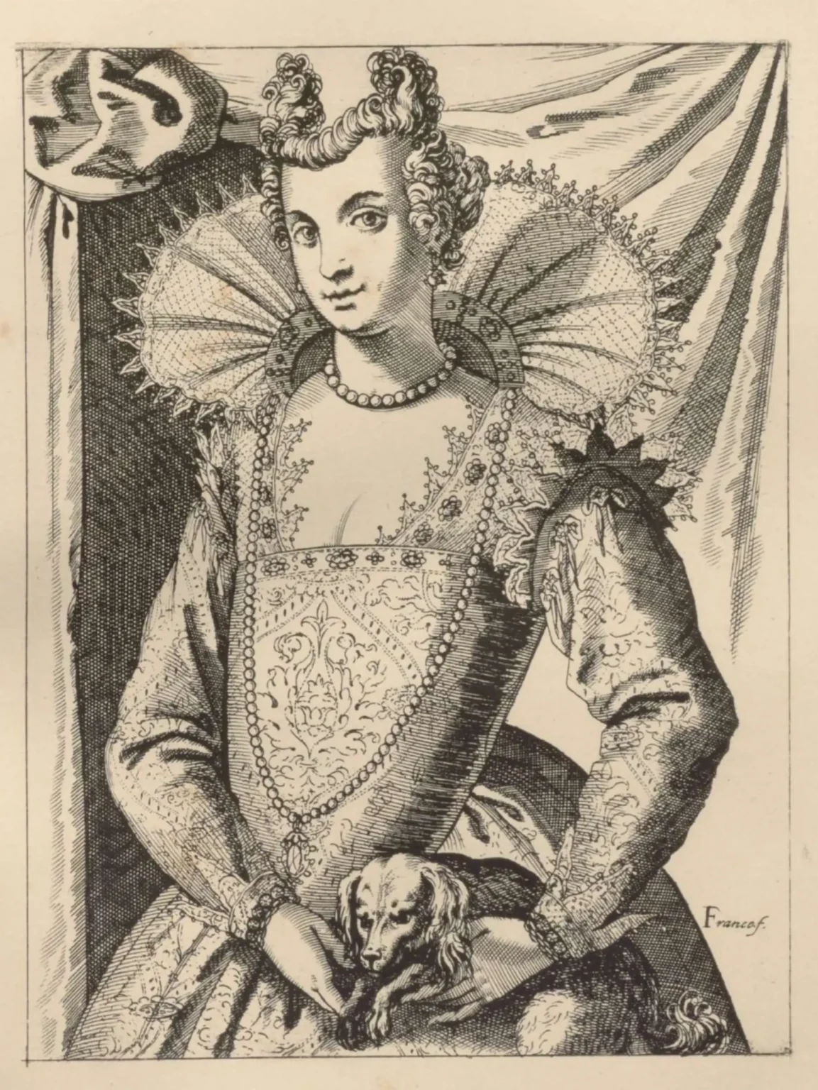 Monochrome print of a finely dressed women in half-figure. Her hair is set in the Venetian crescent moon style, her dress has a wide stiff ruff, she wears lavish pearl necklaces and holds a small dog in her hands.