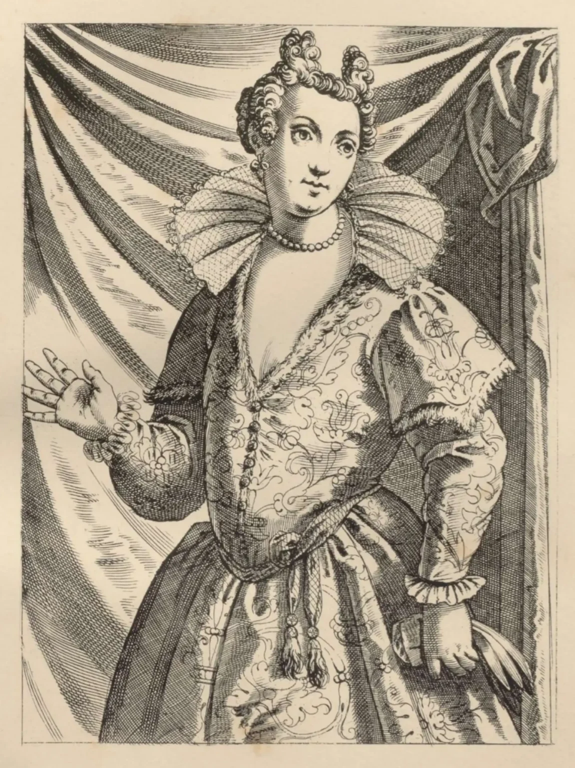 A monochrome print of a woman standing. Her hair is set in the characteristic Venetian fashion of a crescent moon, her dress of fine brocade has a wide ruff, and she wears a pearl necklace. She has a pair of gloves in her hand.