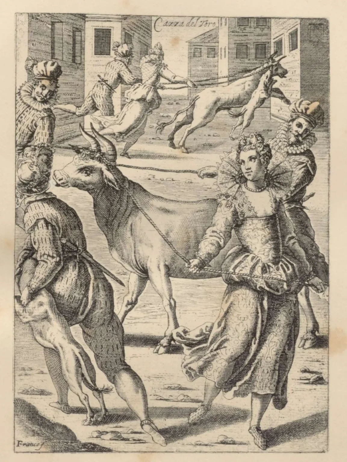 A monochrome print of a street scene with two bulls. In the foreground, a woman (on the right) with her dress hitched up and wearing flat shoes, holds a rope tied to the horns of a bull, while a man (on the left) drags away a large, agitated dog. Behind them, two other men hold ropes tied to the horns of the same bull. In the background, a man and a woman, her skirt hitched up, run after a bull, holding on to ropes tied to the bull's horns. A dog is attacking the running bull.