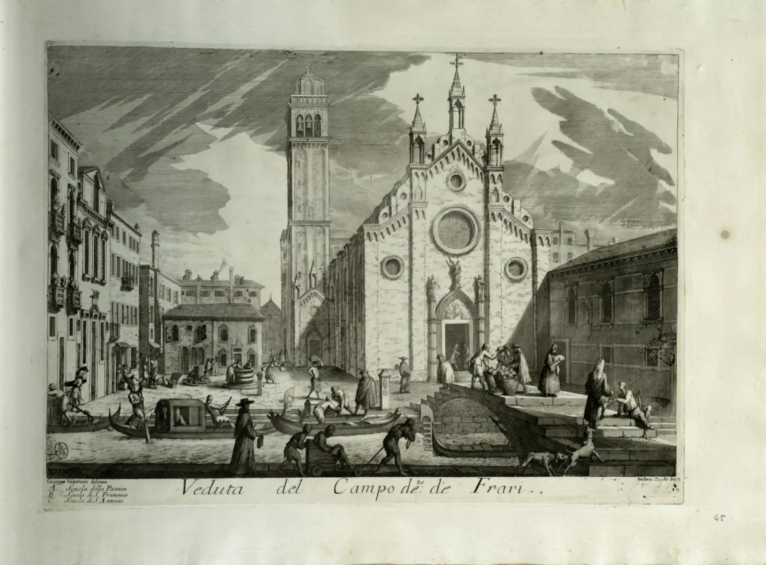 A monochrome print of the Campo dei Frari, with the façade of the Gothic church occupying the right half of the image. There are numerous boats and persons moving around the very lively scene. The Scuola della Passione can be seen on the extreme left of the image.