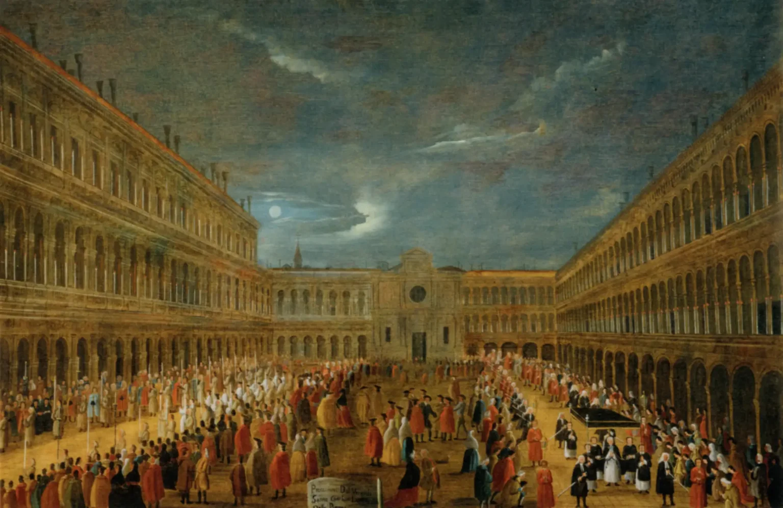 A painting showing St Mark's square as seen from the basilica, with the Easter procession moving around the edge of the square, with many on-lookers in the middle.