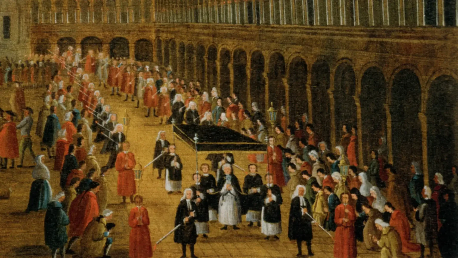 A detail of the previous painting, showing the head of the procession. The great guardian of the Scuola della Passione walks under a canopy carrying the relic of the blood of Christ, between two lines of officials of the Scuola della Passione, each with a very long candle.