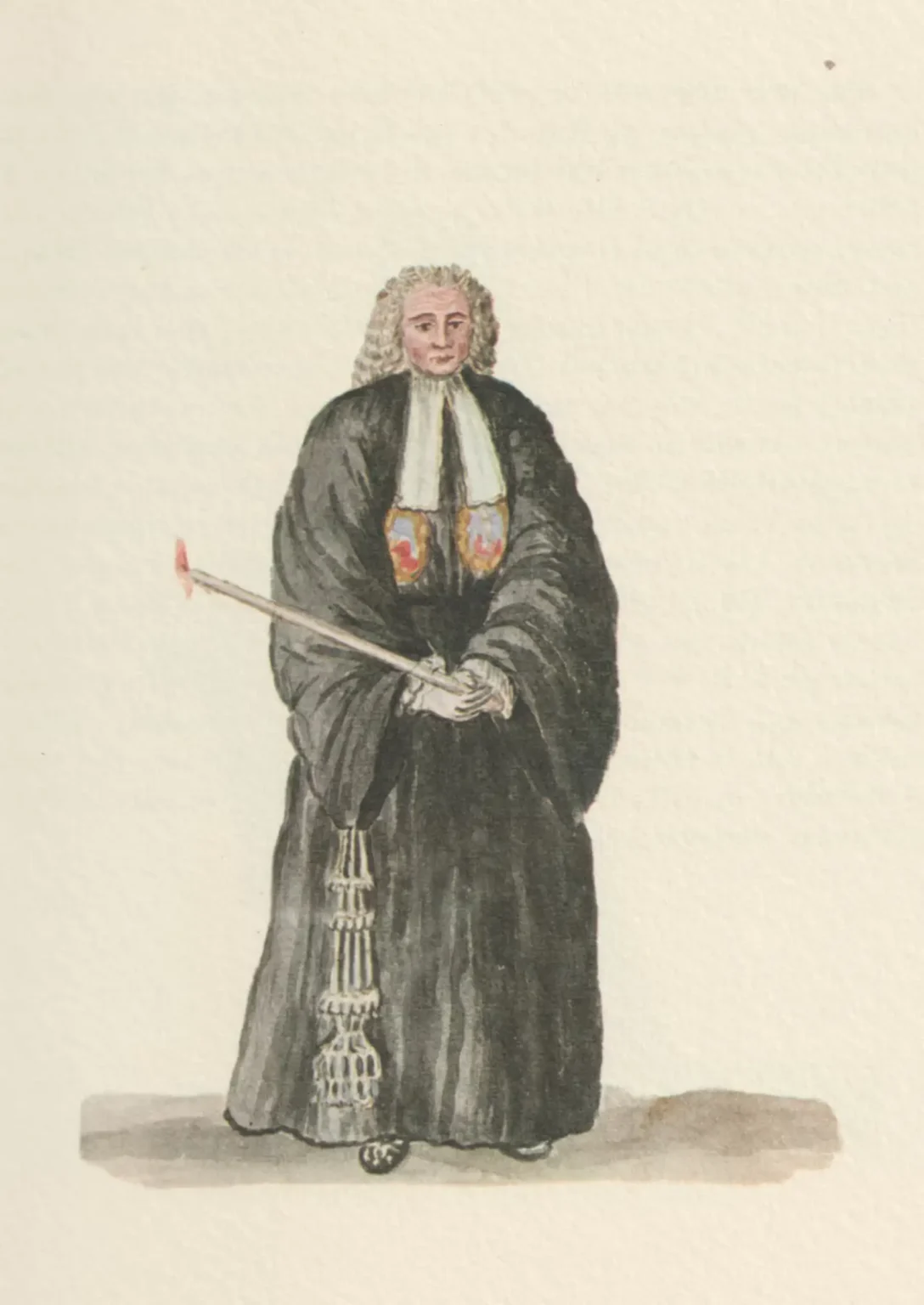 A watercolour of a man, dress in a long black robe with wide sleeves and a short stole around his neck. He holds a very long lit candle in his hands.
